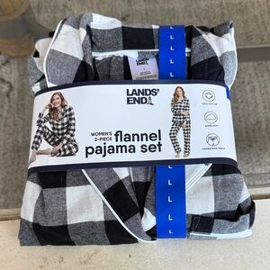 LANDS' END Black and White Buffalo Check 2-Piece Flannel Pajama Set L